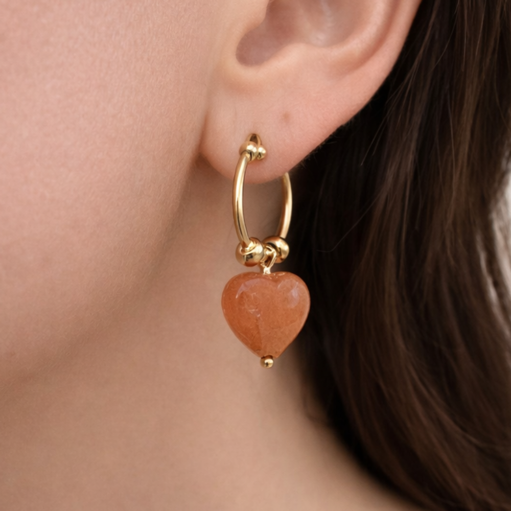 Orecchini con Pietra a Cuore in Agata Pesca – Argento 925 Placcato Oro 18K – Gioiello Artigianale Donna