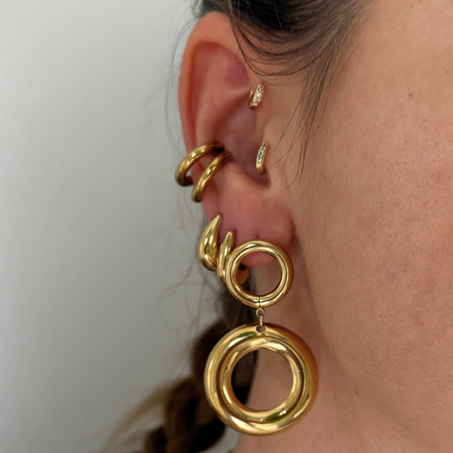 Orecchini Pendenti con Doppio Cerchio in Acciaio Gold