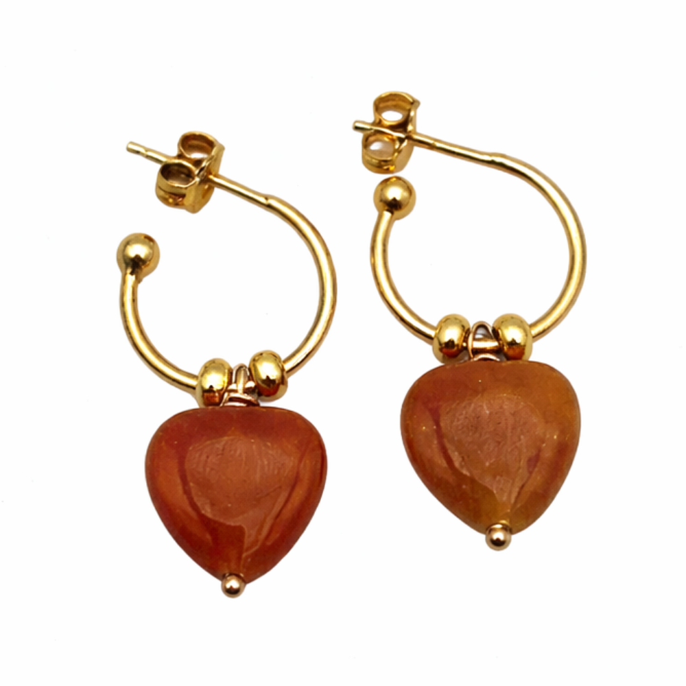 Orecchini con Pietra a Cuore in Agata Pesca – Argento 925 Placcato Oro 18K – Gioiello Artigianale Donna