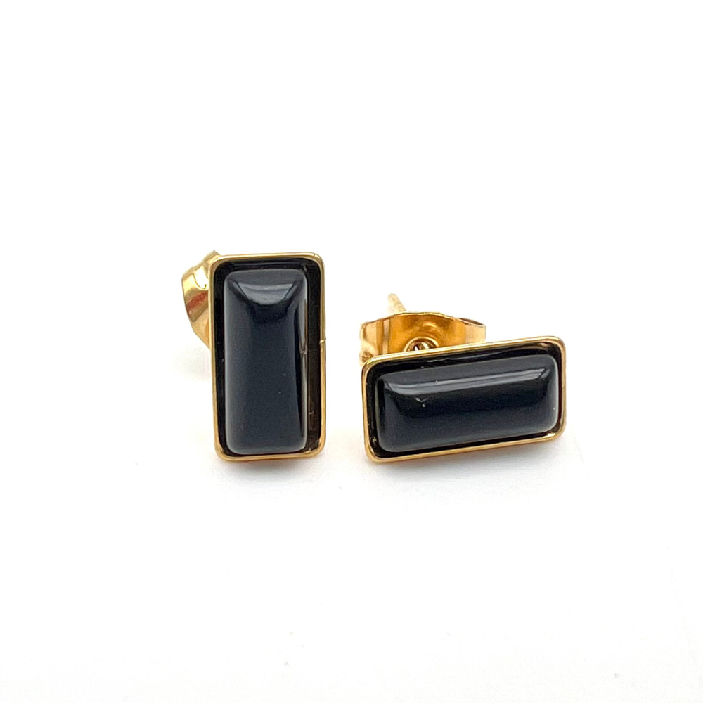 orecchini rettangolari in acciaio gold con pietra nera