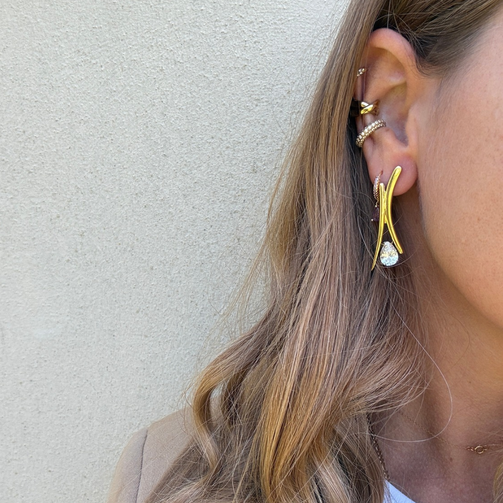 Orecchini a X con Zircone a Goccia Acciaio Gold