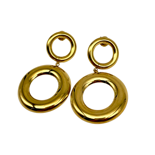 Orecchini Pendenti con Doppio Cerchio in Acciaio Gold