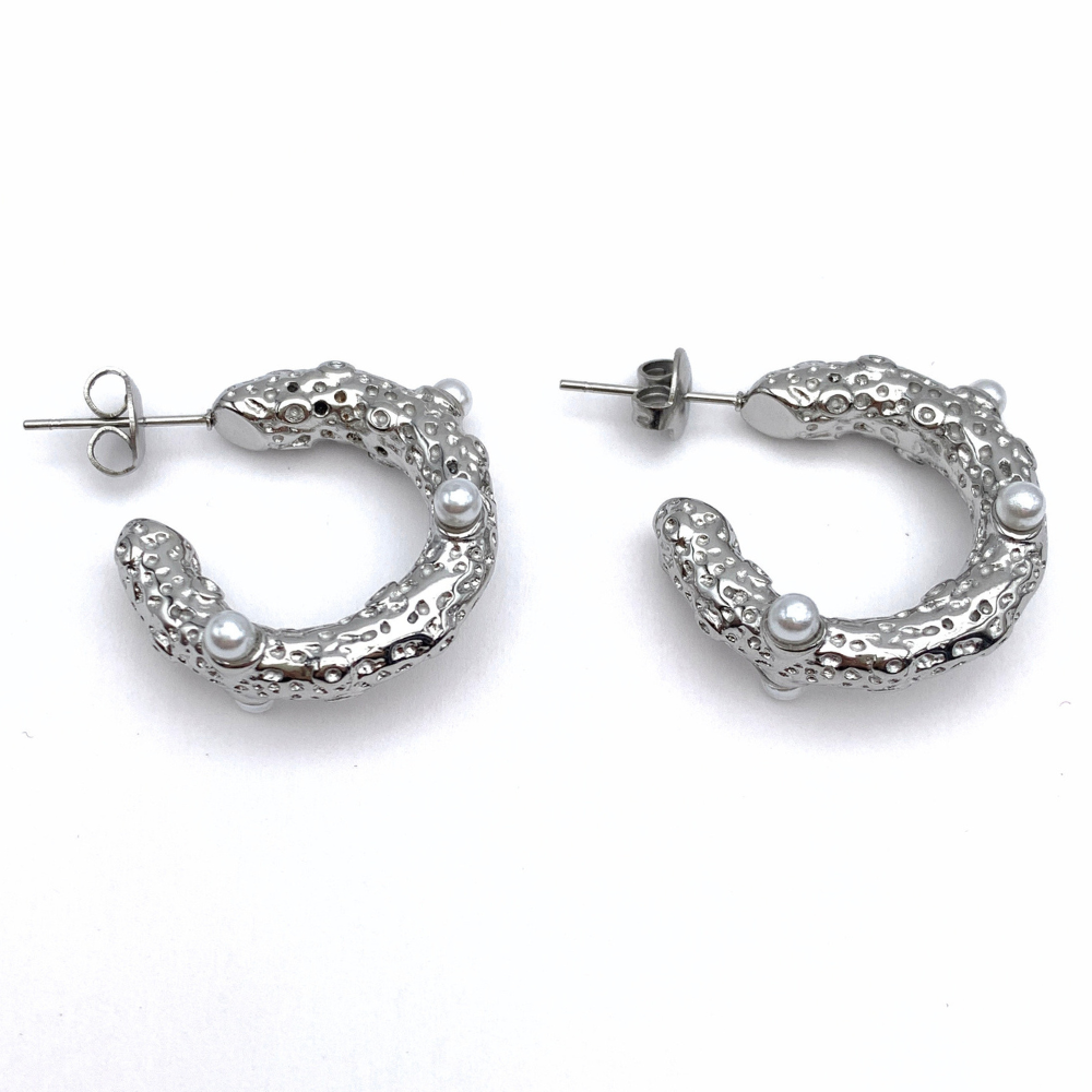 Orecchini con Perle Incastonate in Acciaio Silver