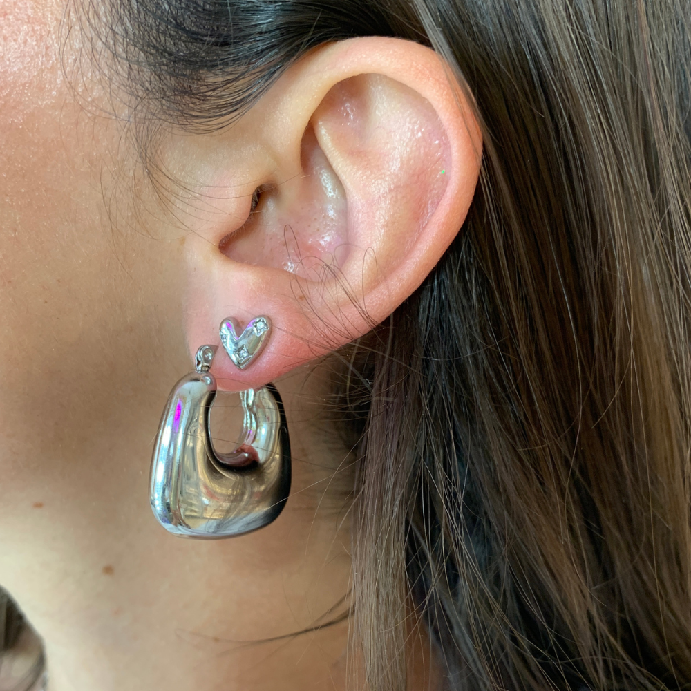 hoops squadrati bombati e orecchino cuore silver