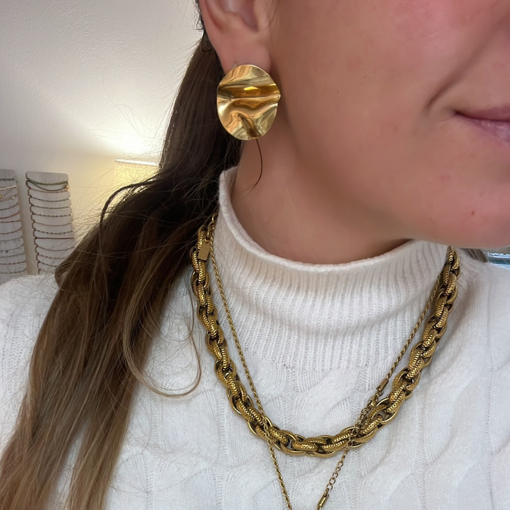 Orecchini Tondi Martellati in Acciaio Gold