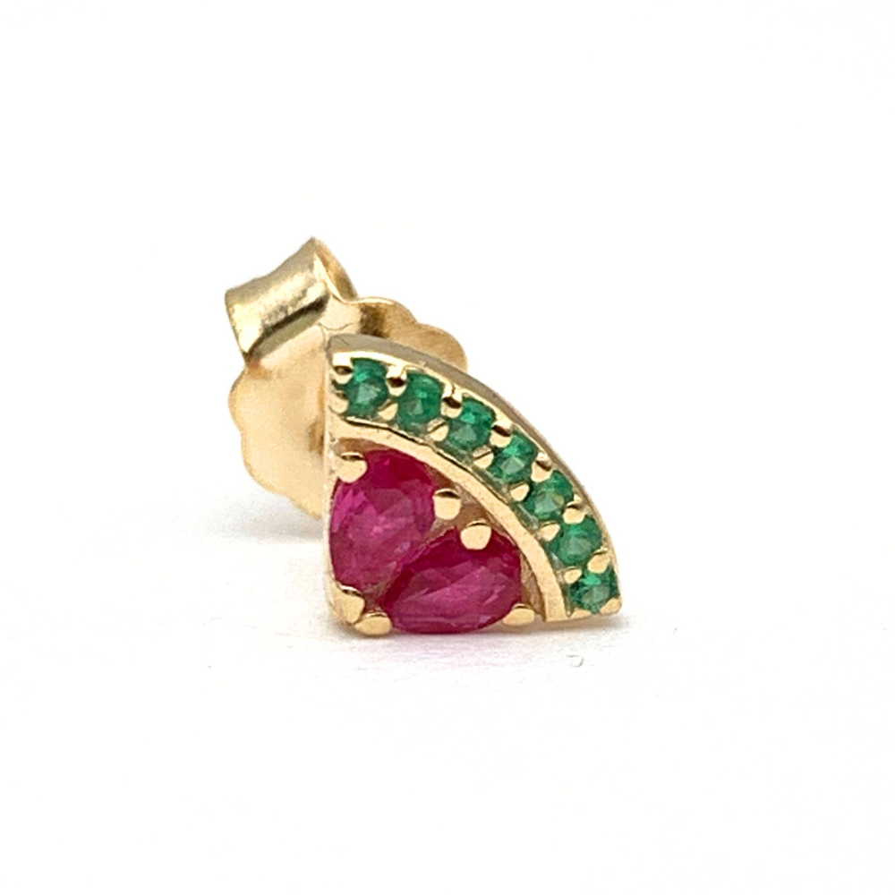 mono orecchino in argento gold con cocomero a lobo con zirconi fucsia a goccia e verdi