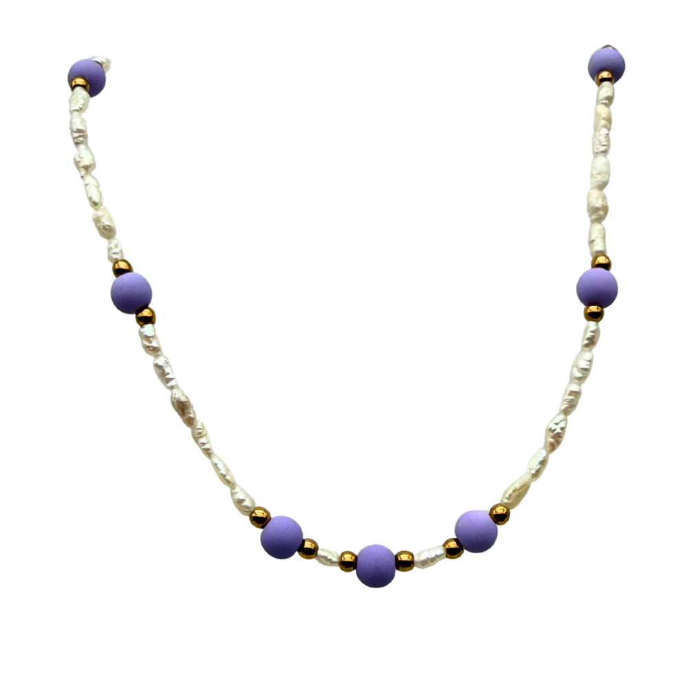 Collana Choker Micro Perle di Fiume & Lilla in Acciaio Gold