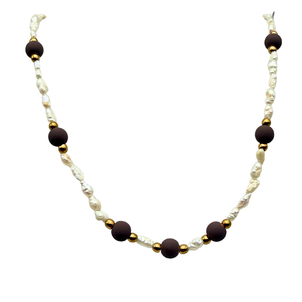 Collana Choker Micro Perle di Fiume & Brown in Acciaio Gold
