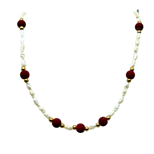 Collana Choker Micro Perle di Fiume & Bordeaux in Acciaio Gold