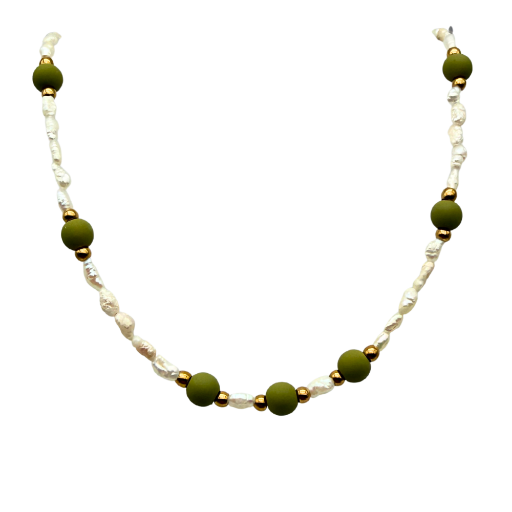 Collana Choker Micro Perle di Fiume & Green in Acciaio Gold