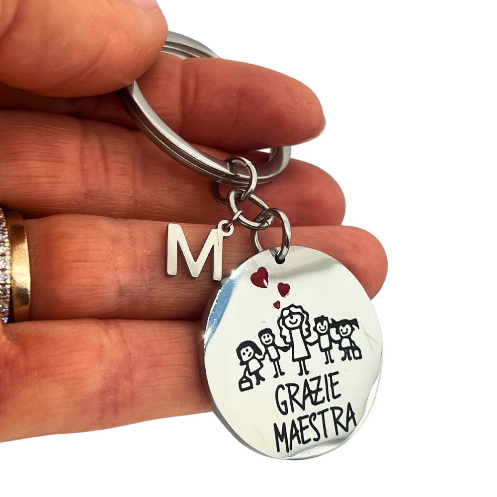Portachiavi Regalo Maestra in Acciaio Silver con Iniziale