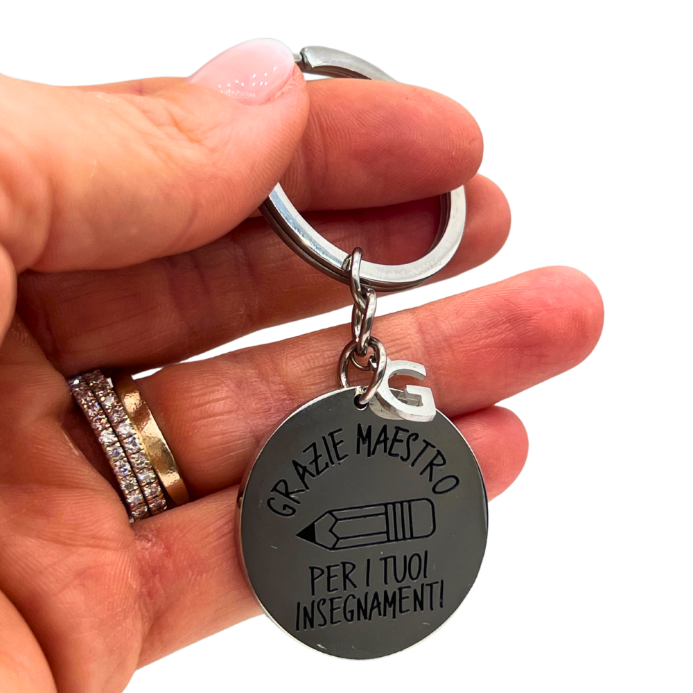 Portachiavi Regalo Maestro in Acciaio Silver con Iniziale