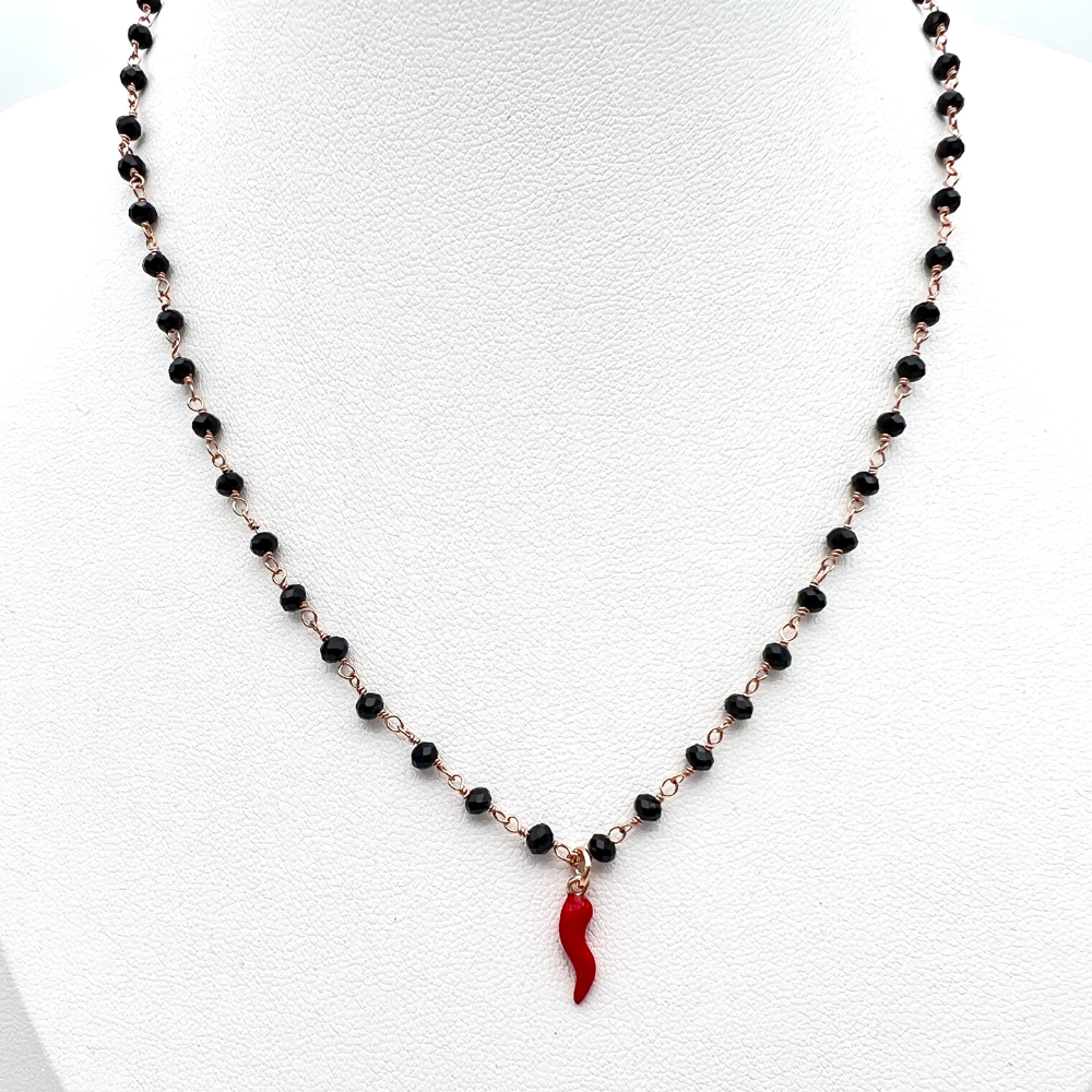 rosario in argento colore silver con cornetto rosso