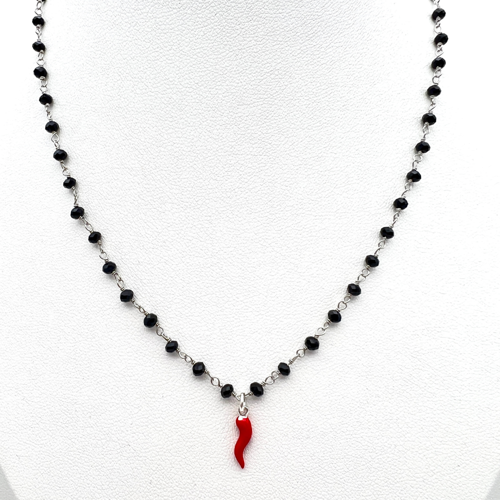 rosario in argento colore silver con cornetto rosso