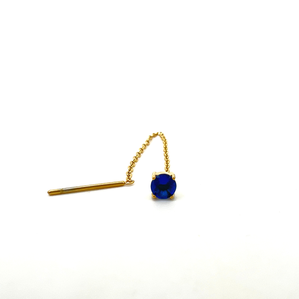 mono orecchino saliscendi in acciaio gold con zircone blu scuro