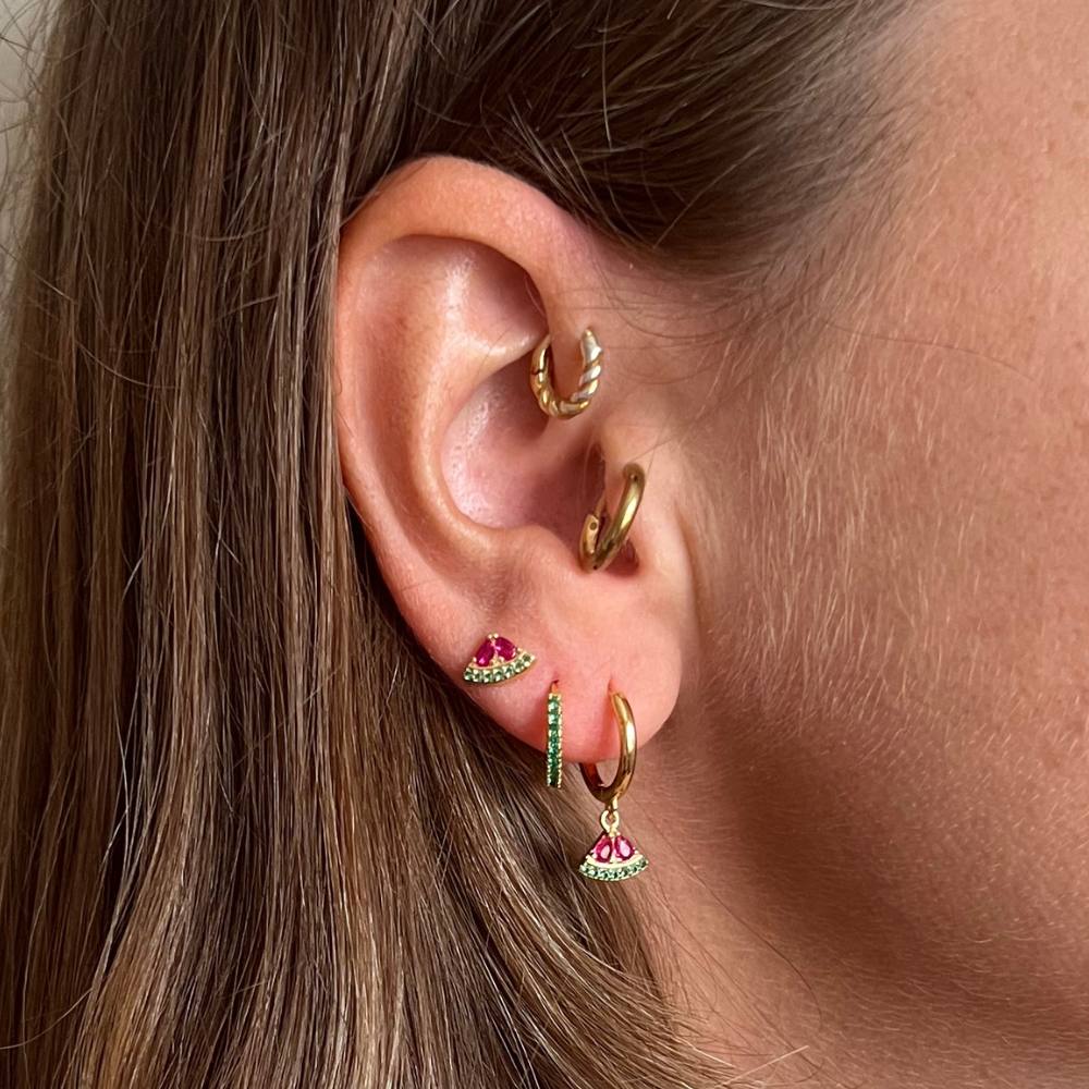 set in argento 925 gold con orecchini cocomero e sparkle hoop zirconi verdi