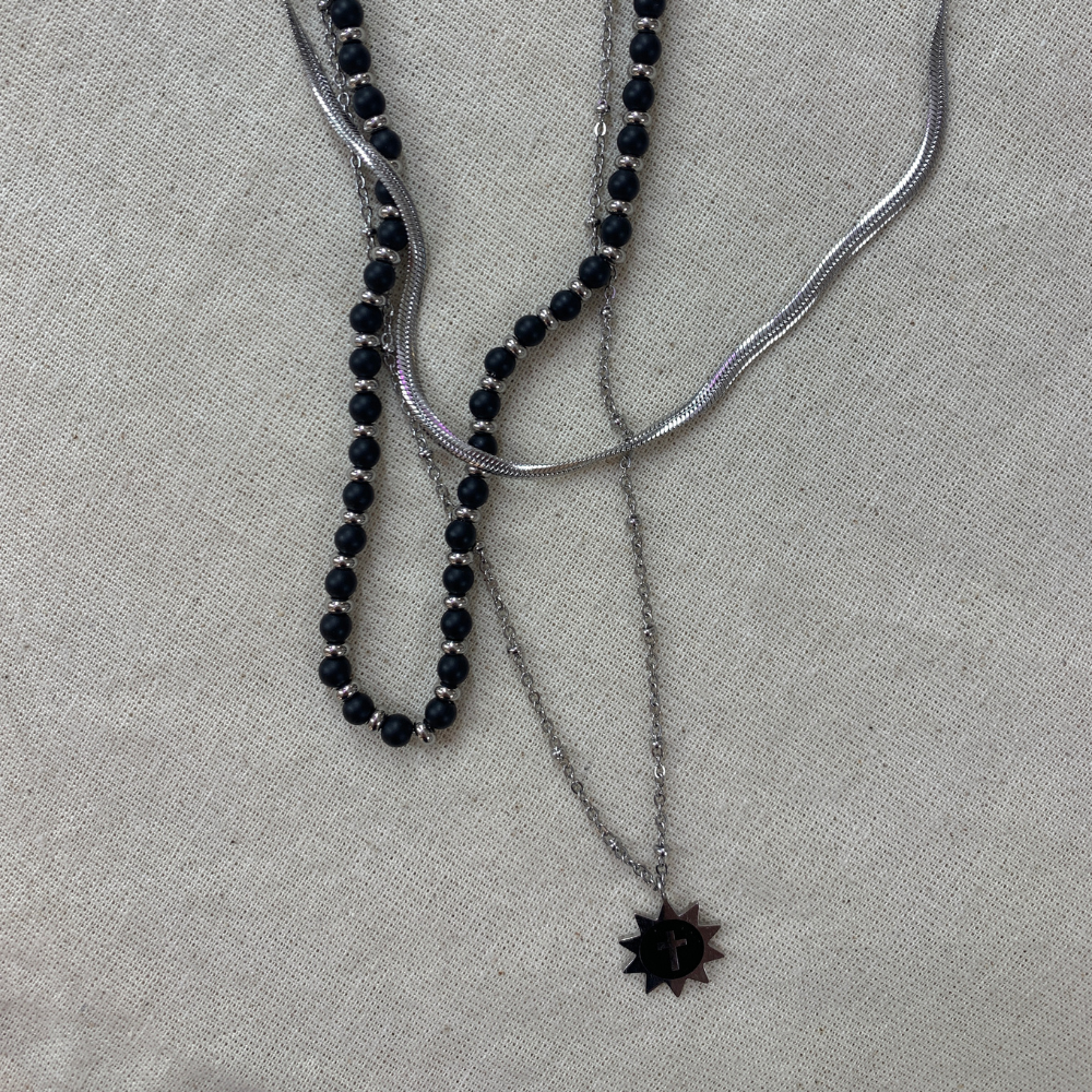 collana pietre onice e rondelle, collana sfere con ciondolo croce