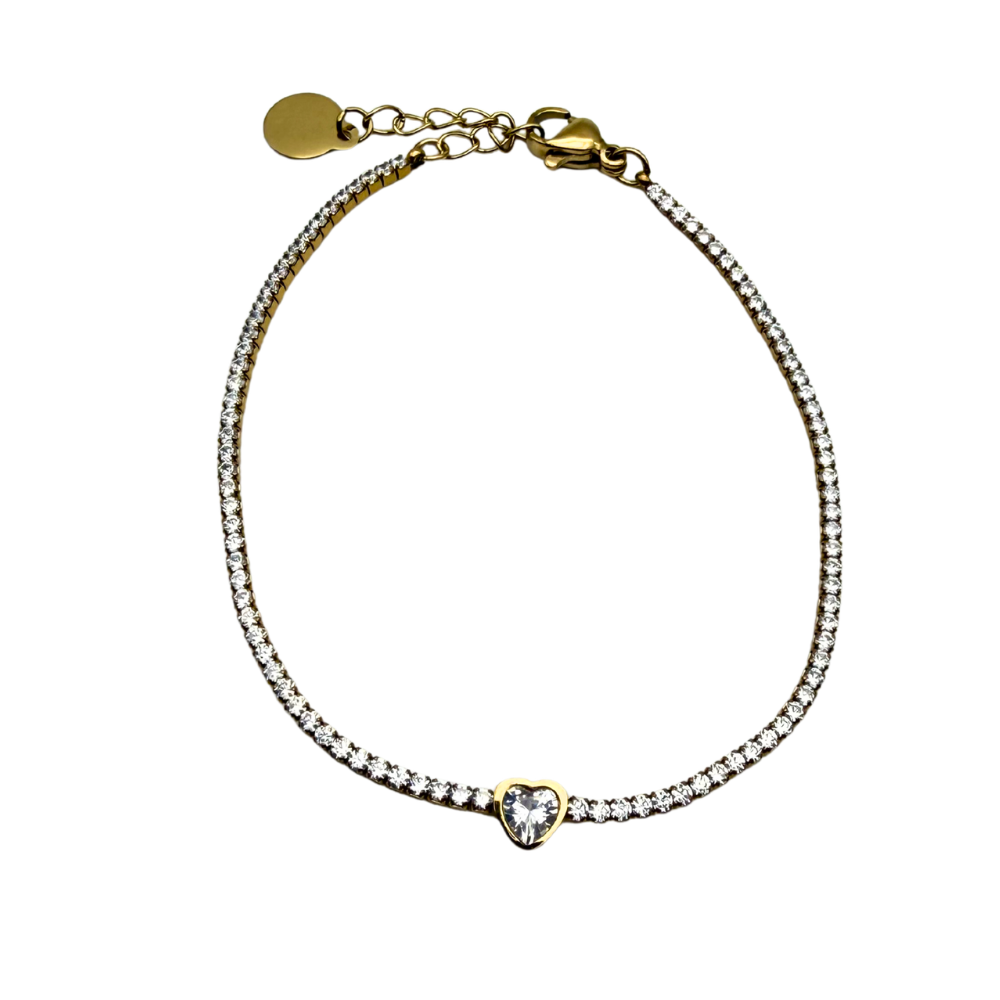 Bracciale Tennis in Acciaio Gold Cuore Bianco e Zirconi Bianchi