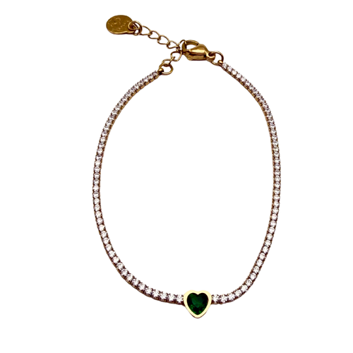 Bracciale Tennis in Acciaio Gold Cuore Verde e Zirconi Bianchi